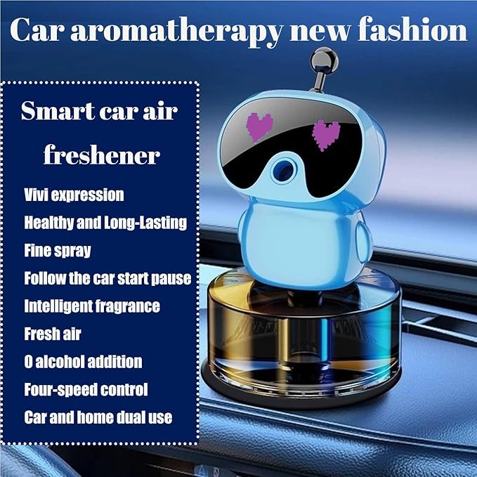 Robot Intelligent Aromatherapy Machine, Smart Cute Robot Car Air Freshener, Fine Spray/Fillable/Four-Gear Adjustment/Vibration Sensing/On-Off/Large Capacity Long-Lasting Fragrance/V1 (Blue, Ocean)