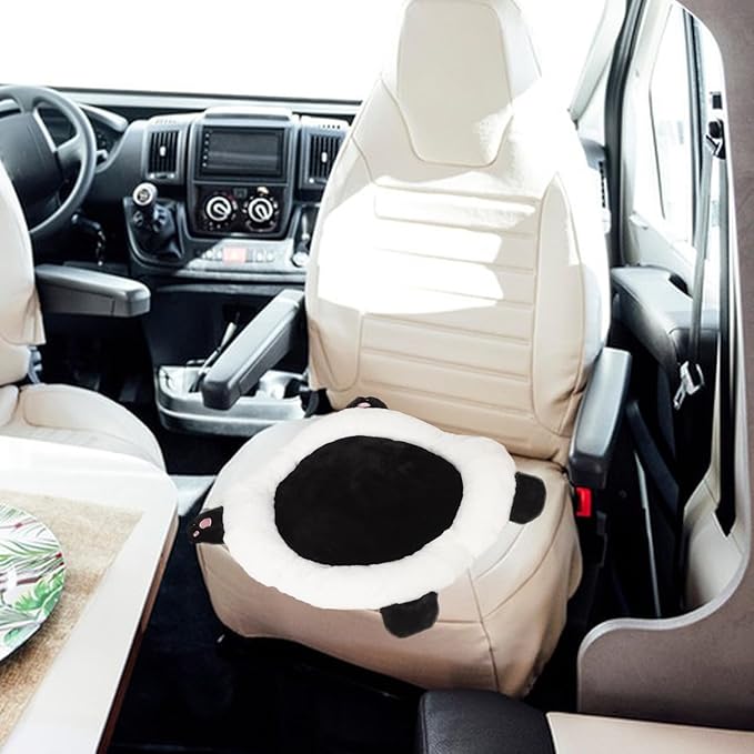 Cute Panda Car Seat Cushion with Lumbar Support, Rabbit Fur Round Pad, Black Auto Seat Pillow for Adults, Comfortable Cushion for Extended Trips and Travel