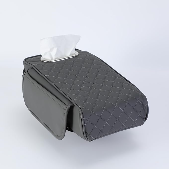 Upgraded Multi-Functional Car Center Console Cover, PU Leather Armrest Pad Cushion with Memory Foam Cushion, 2 Storage Pockets, Tissue Box Hole for Sedan Vehicles, 7 Colors (Grey)