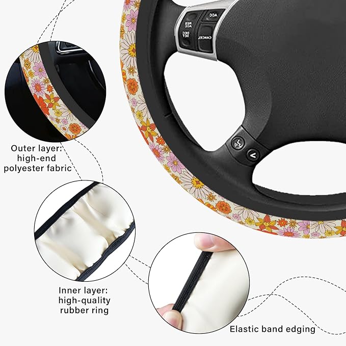 Colorful Daisy Steering Wheel Cover, Orange Floral Print Steering Wheel Cover Protector for Women, Ultra-Thin with Personalized Pattern Design, for Steering Wheel with a Diameter of 14.5"-15"