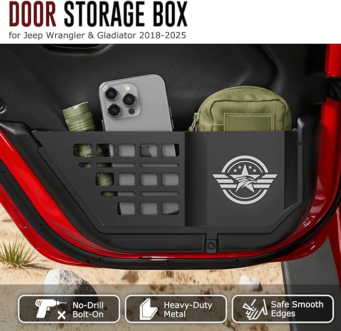 VEILS Rear Door Storage Box for Jeep Wrangler JL JLU 4XE (2018-2025) & Gladiator JT (2020-2025) Accessories, Fits Manual/Power Seats, Heavy-Duty Metal Door Pockets Organizer 2PCS