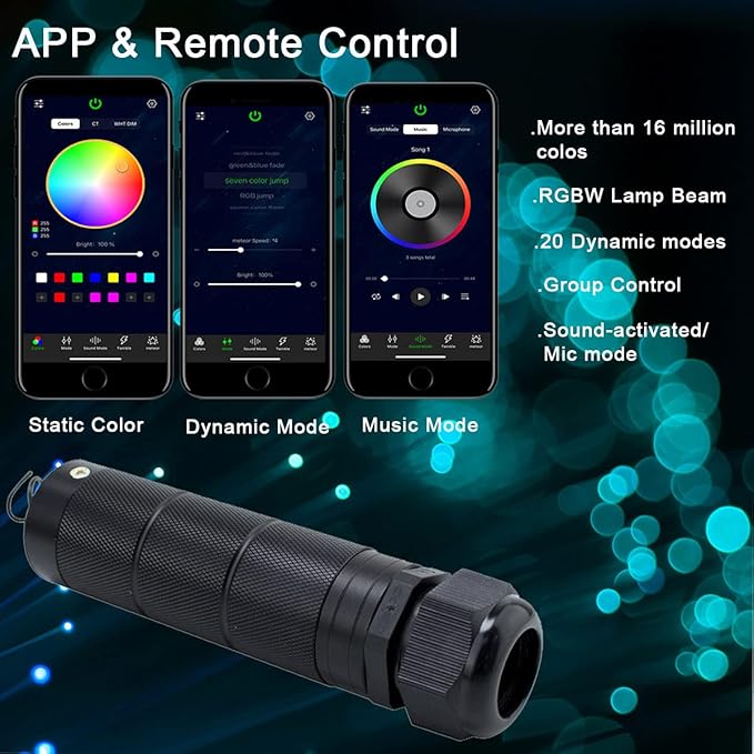 AZIMOM Car Use 6W RGBW 450pcs 0.03in 6.5ft Fiber Optic Lights Starlight Ceiling Light Kit End Glow Optic Cable Music Mode APP Remote Sensory Lighting Indoor Home Headliner Decoration