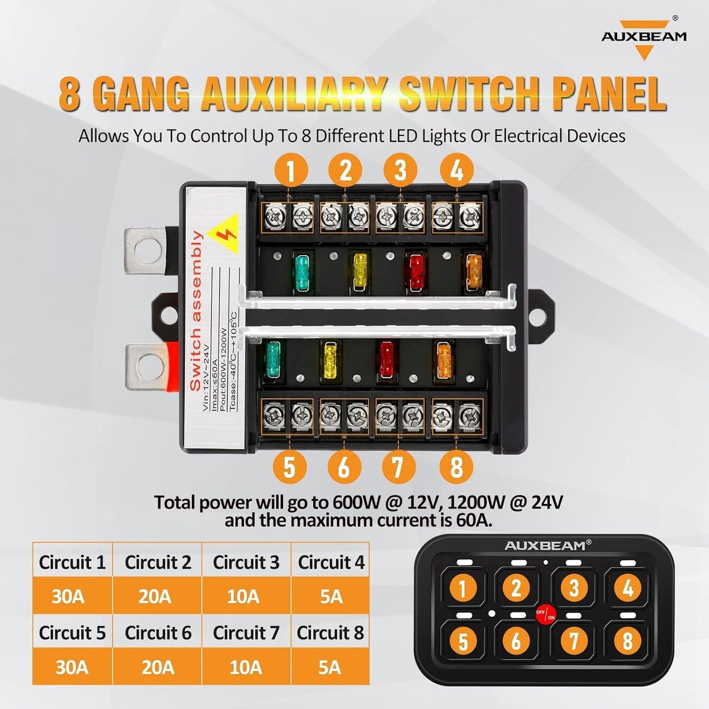 Auxbeam 8 Gang Switch Panel BB80, Universal Circuit Control Relay System Box with Automatic Dimmable On-Off LED Switch Pod Touch Switch Box for Car Pickup Truck Boat ATV UTV, Blue 2 Years Warranty