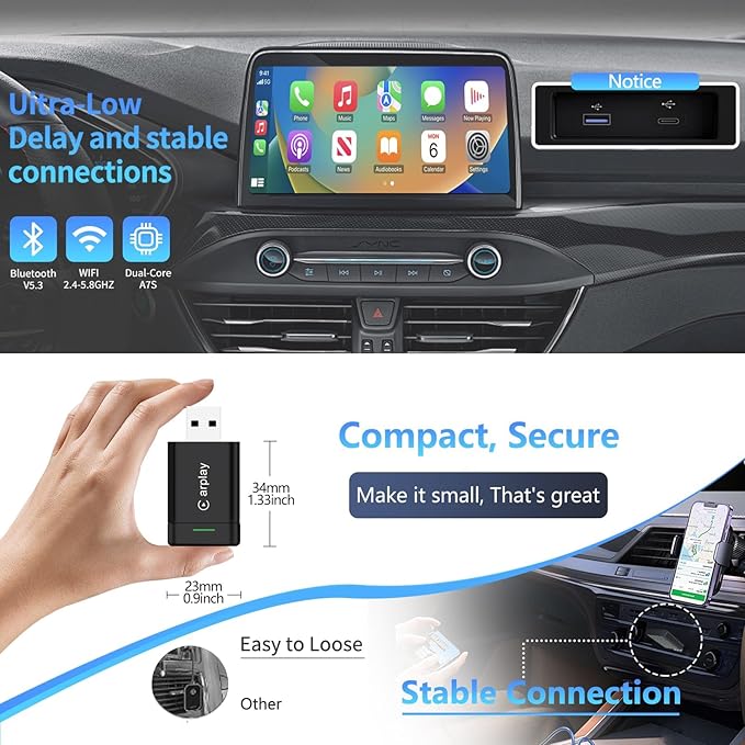 2026 Upgraded Wireless CarPlay Adapter for iPhone – Mini Wired to Wireless Dongle, Fast 5.8GHz WiFi & Bluetooth Connection, Plug & Play, Universal for OEM Wired CarPlay Cars
