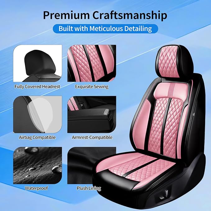 Car Seat Covers for Select Honda Fit 2007-2020, Premium Full Coverage Leather, Airbag Compatible& Scratch-Resistant, Waterproof & All Weather Breathable Seat Protector, Front Pair Black+Pink