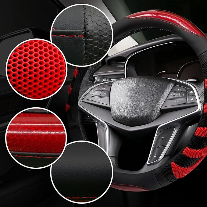 Sport Style Black Leather Steering Wheel Cover with Red Fishbone Grip Steering Wheel Accessory,Universal Fit 14.5-15.25 inch Steering Wheel