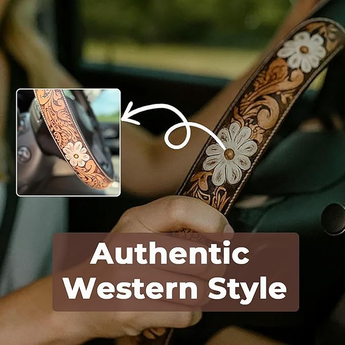 Western Steering Wheel Cover, Color Printed Embossed Hand-Painted Leather Western car Parts, for Women Man, Anti-Slip Design Easy to Install, for Trucks SUVs Cars (Style 3)