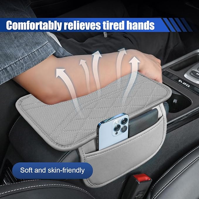 Car Center Console Cover with 2 Storage Bags - Leather Car Armrest Cushion Pad Vehicle Middle Console Cover, Universal Armrest Seat Box Protector Auto Interior Accessories for SUV, Truck, Sedan (Gray)