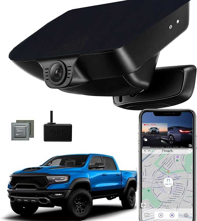 QHI 4K Dash Cam Fit Dodge RAM 1500 2019-2024, Hidden OEM Style, 4K Front & 1080P Rear Camera, 128GB EMMC, 24H Parking Mode, GPS & CPL, for Rebel Big Horn Laramie (S87 Front only 4K)