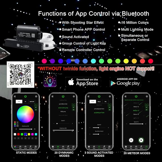 AKEPO 16W 550pcs 13.1ft/4m 0.03in Fiber Optic Starlights Headliner Kit with Meteor, Shooting Star Car Home Use APP/Remote Control Music Sync Fiber Optic Lights Kit