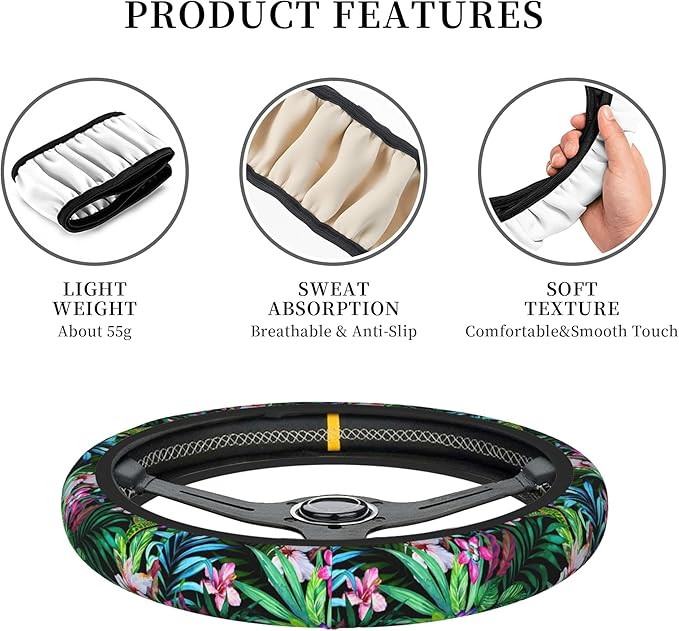 Tropical Car Steering Wheel Cover for Women Frangipani Hibiscus Palms 14-15 Inch Stretch Cloth Anti-Slip Wrap Protector Case Fit Universal Auto Accessories Decor Sweat Absorption (No Tools Needed)