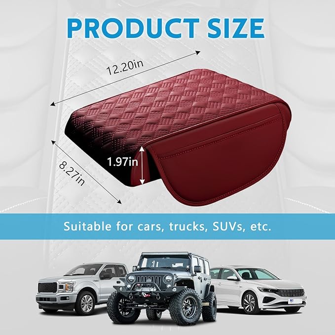 wuyaoyao Car Center Console Cover, 12.2"×8.27"×1.97" Leather Center Console Protector, Auto Armrest Pad with 2 Storage Pocket, Universal Armrest Cover Cushion for Most Cars, Trucks, SUVs (Red)