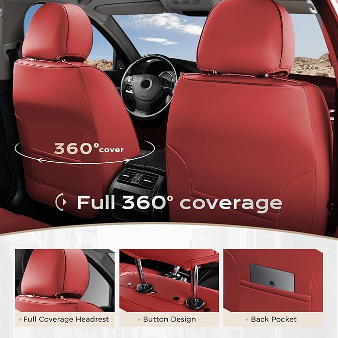 Coverado Car Seat Covers Full Set, Seat Covers for Cars, Car Seat Cover, Car Seat Protector, Leather Car Seat Cushion, Waterproof Car Seat Covers Front Seats and Back Fit for Most Cars(Red)