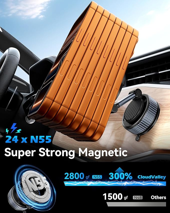 CloudValley 15W Wireless Charger Magnetic Car Mount Phone Holder Carbon Fiber, Dashboard/Windshield 360° Adjustable Stand [Compatible with MagSafe] Wireless Charging Arm for iPhone 17-12 Series