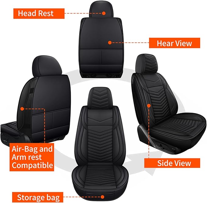 Car Seat Covers, Breathable & Waterproof Faux Leather Automotive Seat Covers for Cars SUV Truck Sedan, Universal Anti-Slip Driver Seat Cover with Backrest (2 PCS Front Seat, Black)