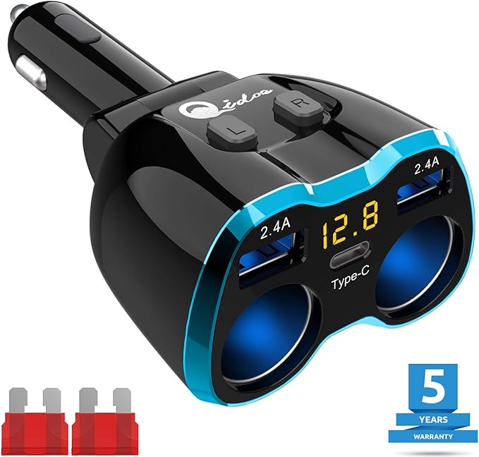Cigarette Lighter Splitter: USB C 12V Car Charger Adapter 2 Socket Type C Multi 12 Volt Power Outlet 24V DC 80W with LED Voltmeter Switch 6.3A Dual USB Port for Mobile Cell Phone GPS Dash Cam