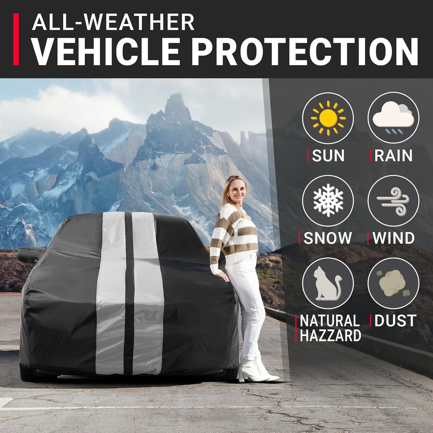 iCarCover Custom Car Cover for Pontiac Sunbird 4-Door (1988-1994) Waterproof All-Weather Rain Snow UV Sun Protector Full Exterior Indoor Outdoor Car Cover (Stripe - Black/Gray)