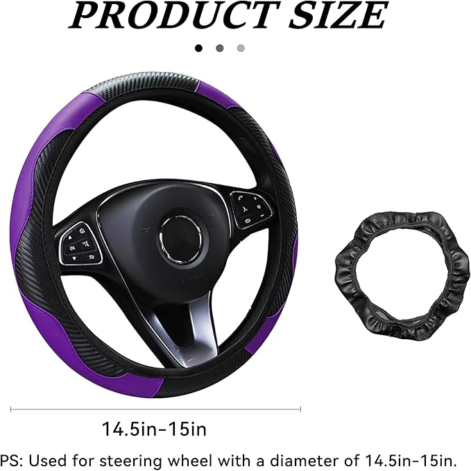 Car Steering Wheel Cover, 15 inch Carbon Fiber Microfiber Anti-Slip Breathable PU Leather Elastic Steering Wheel Protector, Car Interior Accessories for Most Cars (Purple)