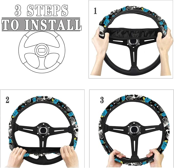 AFPANQZ Skulls Print Car Steering Wheel Cover Stretch-on Fabric Neoprene Comfortable Grip Automotive Steering Wheel Protector Adult Anti-Slip Universal 15 inch Machine Washable Gray