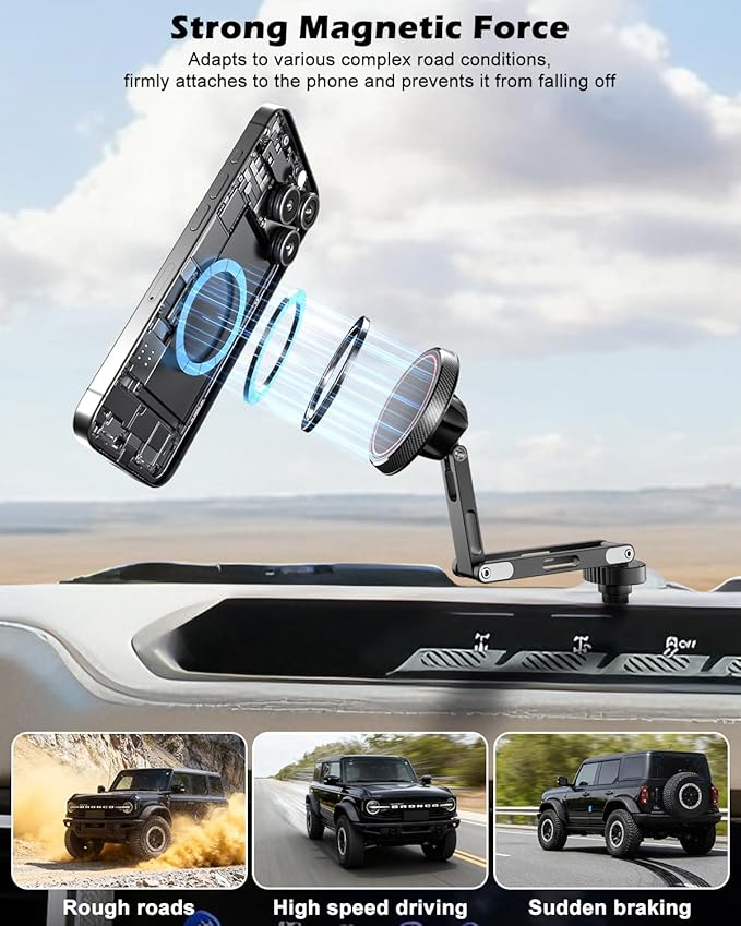 CloudValley Ford Bronco Phone Mount 2021-2026 2/4 Door, Magnetic Phone Holder with Aluminum Alloy, 360° Adjustable Off-Road Stable, No Drill No Damage Easy Install, Compatible with iPhone 17-12