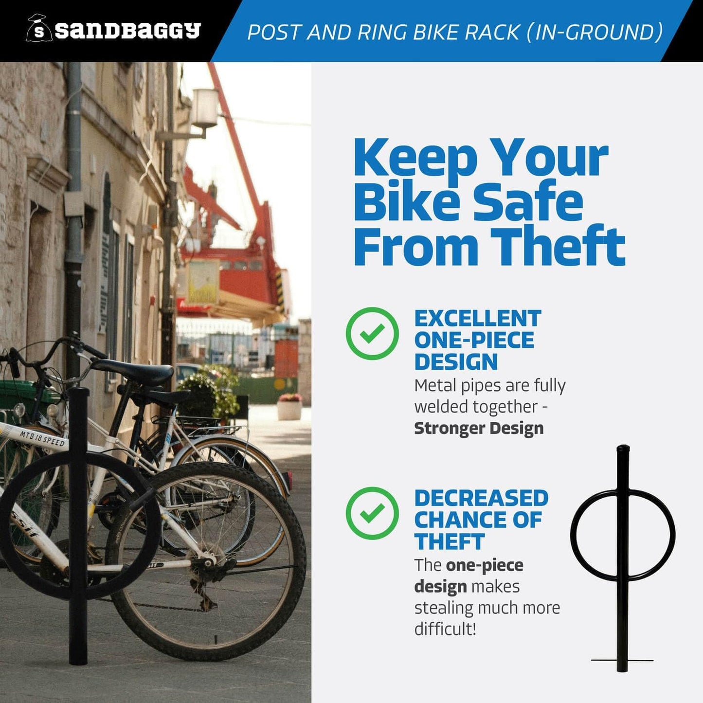 Sandbaggy Post and Ring Rack - In Ground - Commercial Outdoor Bike Parking & Storage Racks (Gray, 1)