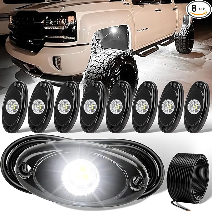 YONEDA 8 Pods White Rock Lights 6000K Ultra Bright LED Neon Underglow Lights IP68 Waterproof for Trucks SUV UTV ATV RZR Car Boats Pickup Motorcycle with 32.8ft Extension Wire