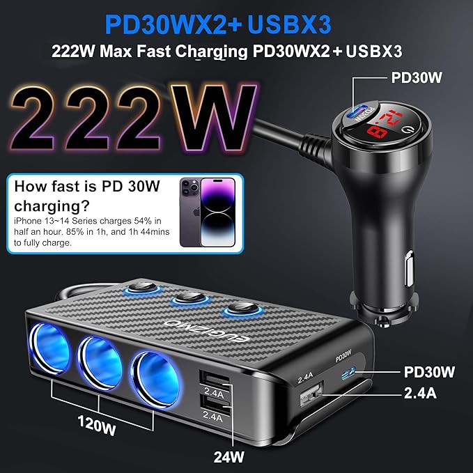 Cigarette Lighter Plug Splitter Adapter, EUGIZMO 222W Multi Port Power Plug Car Charger Adapter for Plug Outlet 12V 3 Socket Splitter Car Cigarette Lighter USB Charger with LED Independent Switches
