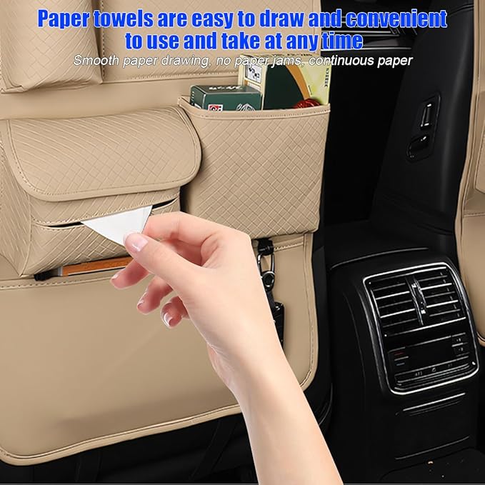 Car Backseat Organizer, 2PCS Leather Woven Multipurpose Vehicle Seat Back Protector with 4 Storage Pockets & Hook, Waterproof Automotive Kick Mat, Universal for SUV RV Truck (Beige)