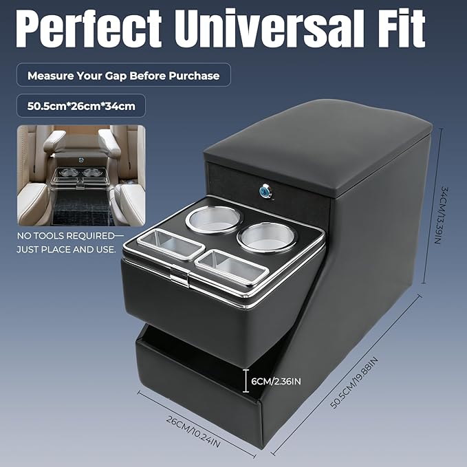 Vehicle Center Console Organizer - Floor-Mounted Lockable Storage with Dual Cup Holders, Fits Minivans, SUVs & Van Middle Seats 10.24 inch Wide