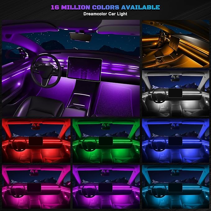 RGB Acrylic Interior Car LED Strip Light with Wireless APP, 14 in 1 with 175 inches 593 LEDs Neon LED Strip Light, 16 Million Colors Dynamic Music Sync Car Ambient Lighting Kits
