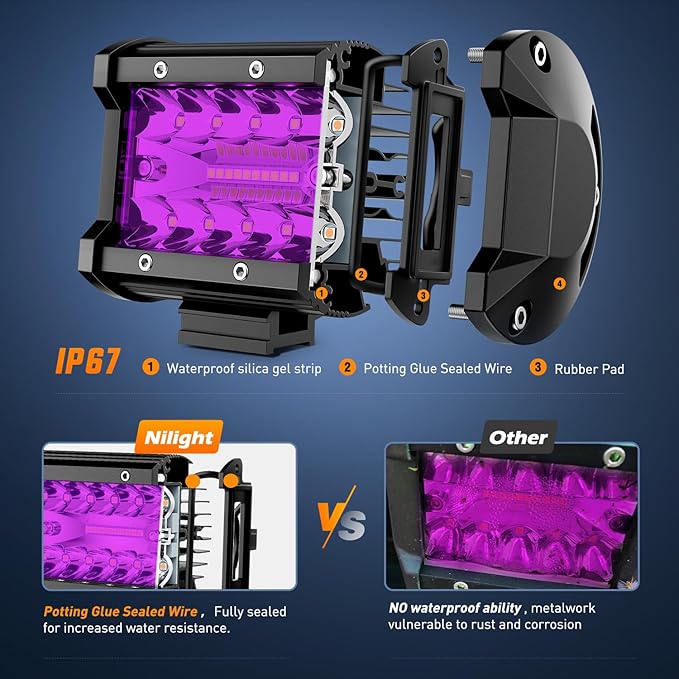 Nilight 4 Inch LED Light Pods Purple Triple Row 2PCS 60W Flood Spot Combo Off Road Driving Decoration Neon Hunting Lighting for UTV Pick-up Van Boat Tractor