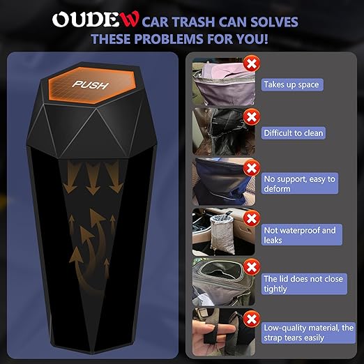 Car Trash Can with Lid - 1-Pack, Interior Accessories for Vehicles, Leakproof Garbage Can with 15 Detachable Trash Bags, Multipurpose Organizers and Storage Solutions for Home and Office
