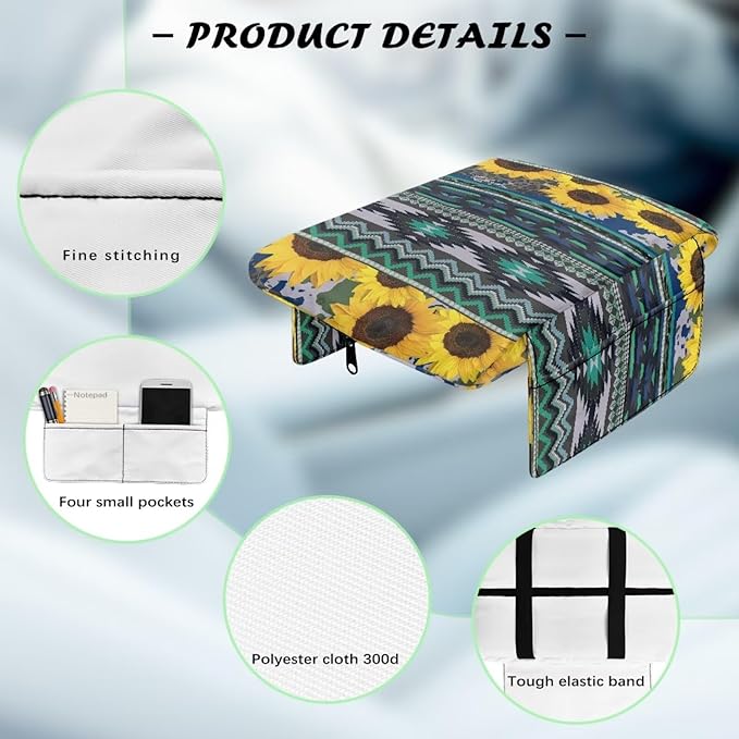 Tupalatus Aztec Center Console Cover Car Accessories Sunflowers Decor Comfort Armrest Cover Non-Slip Auto Console Cushion Pad with Pockets Fit for Most Vehicle, SUV, Truck