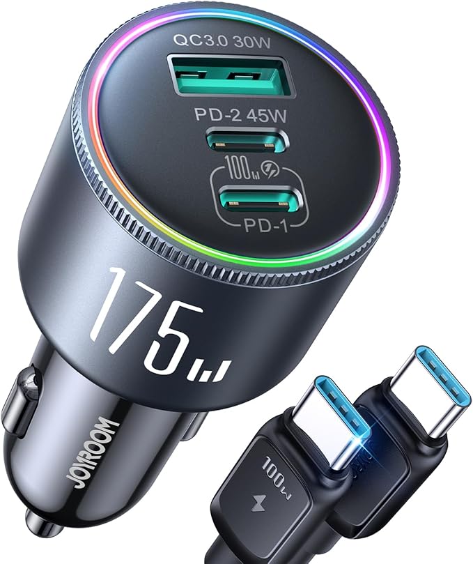 JOYROOM 175W Car Charger USB C Fast Charge [GaN] 3-Port Type C Super Fast Car Charger with USBC Cable, Car Cigarette Lighter Adapter for iPhone 17/16/15 Series, Galaxy S26/25, MacBook, iPad and More