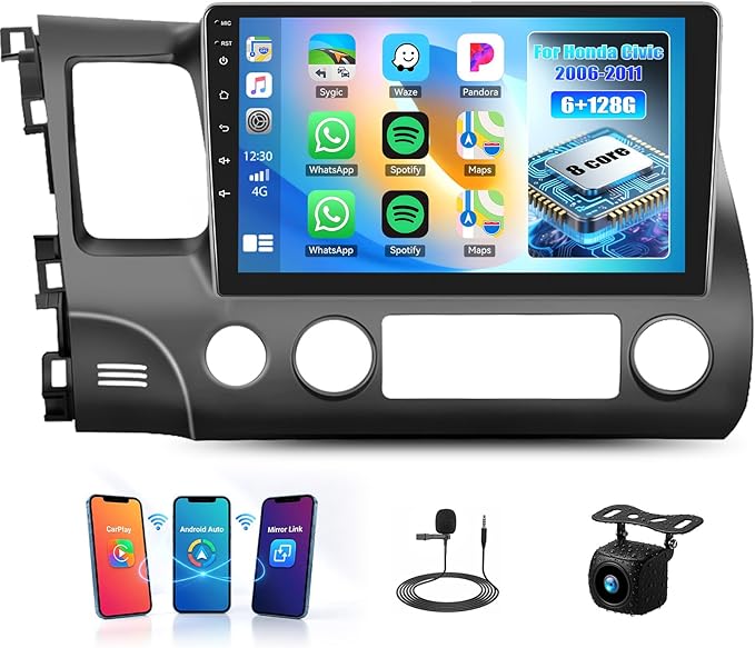 [8Core 6+128GB] Android 15 Car Stereo for Honda Civic 2006-2011 with Wireless CarPlay&Android Auto,10.1 Inch 1280 * 720P IPS Touch Screen,Bluetooth,GPS,WiFi,FM/RDS,32 Band DSP,SWC,HD Backup Camera