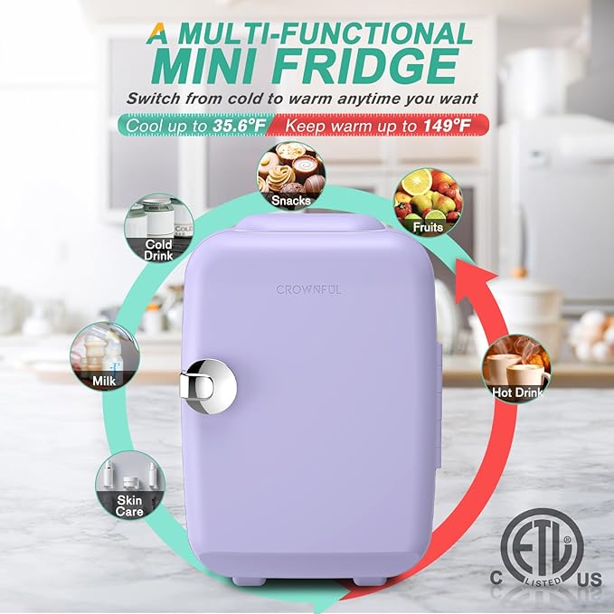 CROWNFUL Mini Fridge, 4 Liter/6 Can Portable Cooler and Warmer Personal Refrigerator for Skin Care, Cosmetics, Beverage, Food,Great for Bedroom, Office, Car, Dorm(Purple)