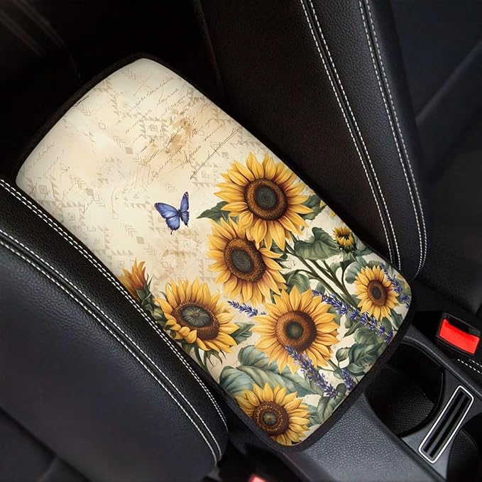 Dreaweet Car Center Console Cover Sunflower Car Accessories for Women Interior Universal Arm Rest Cover for Truck SUV Vehicle Armrest Cover Center Console Cushion Pad