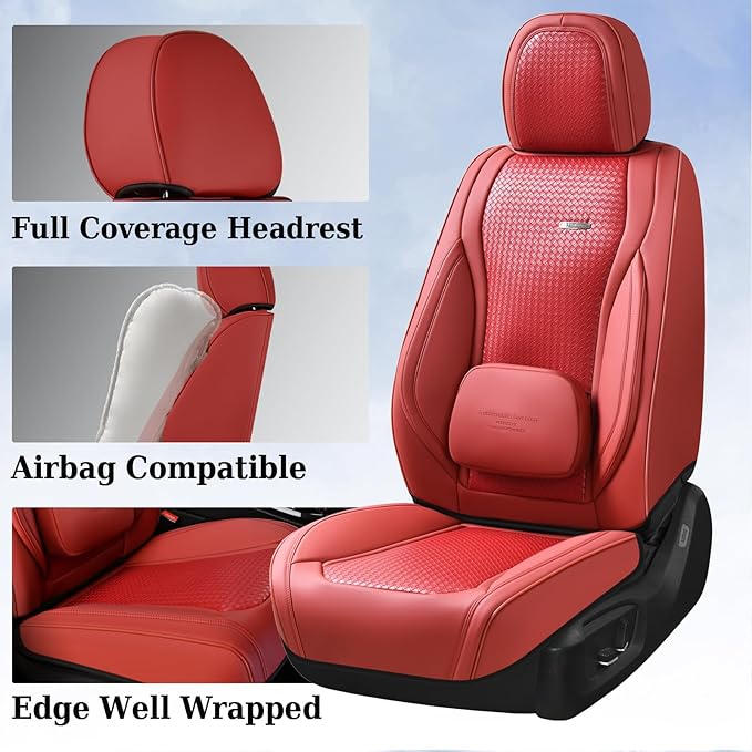 Coverado Car Seat Covers Full Set, Red Seat Covers for Cars, Waterproof Nappa Leather Automotive Seat Covers with Lumbar Head Pillow, Car Seat Protectors, Universal Fit for Most Cars SUV