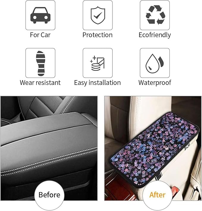 Car Center Console Cover Pad Cherry Blossom Purple Pink Armrest Box Mat Vehicle Arm Rest Cushion Protector Floral Flower Aesthetics Art Black Bohemian Consoles Rest Pillow