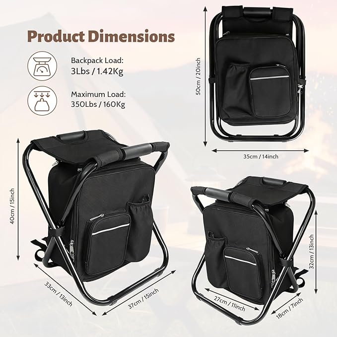 Folding Camping Chair Stool Backpack with Cooler Insulated Picnic Bag, Portable Hunting Fishing Multifunction Chair for Outdoors Hiking Hunting Travel (Black)