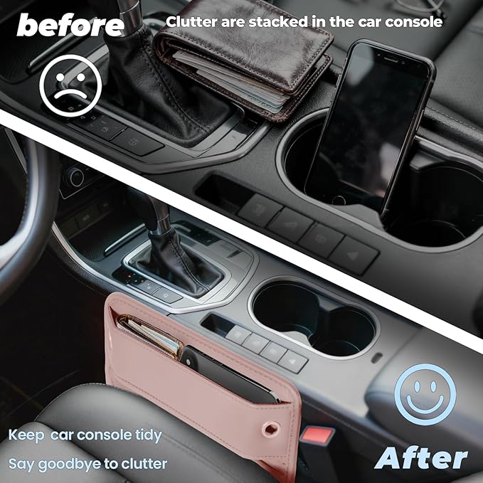 2-Pack Car Seat Gap Filler Organizer - Upgraded Anti-Slip Strap Design - Premium Leather Side Console Pocket - Prevent Phone Falling - Universal Fit Car Essentials for SUV, Truck & Sedan,Pink
