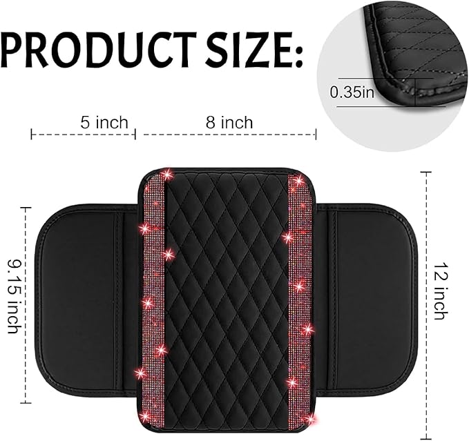 NBTEPEM Bling Car Center Console Cover, Leather Car Arm Rest Cover Cushion with 2 Storage Bags, Universal Automotive Armrest Protector Storage Box, Bling Accessories Interior for Most Vehicles (Red)