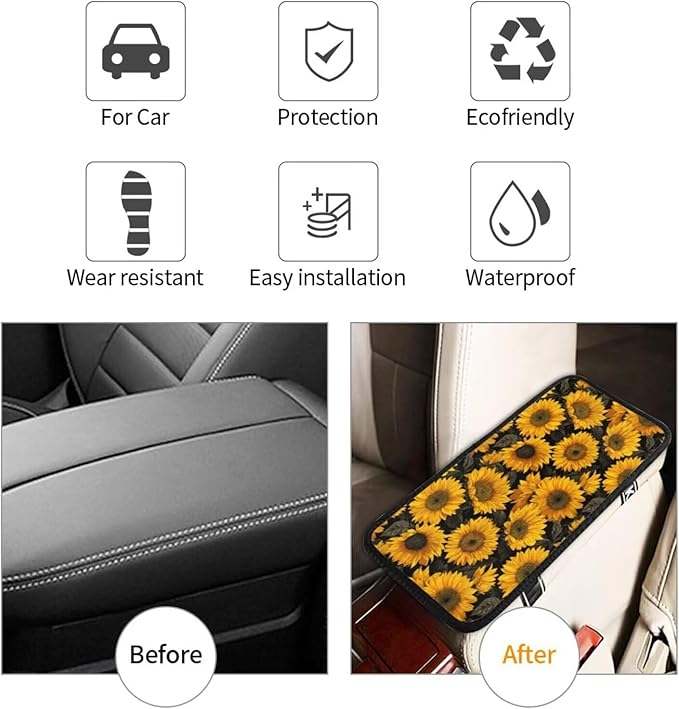 Yellow Sunflower Center Console Cover Vintage Flower Armrest Lid Protector Floral Middle Console Cushion Interior Accessories