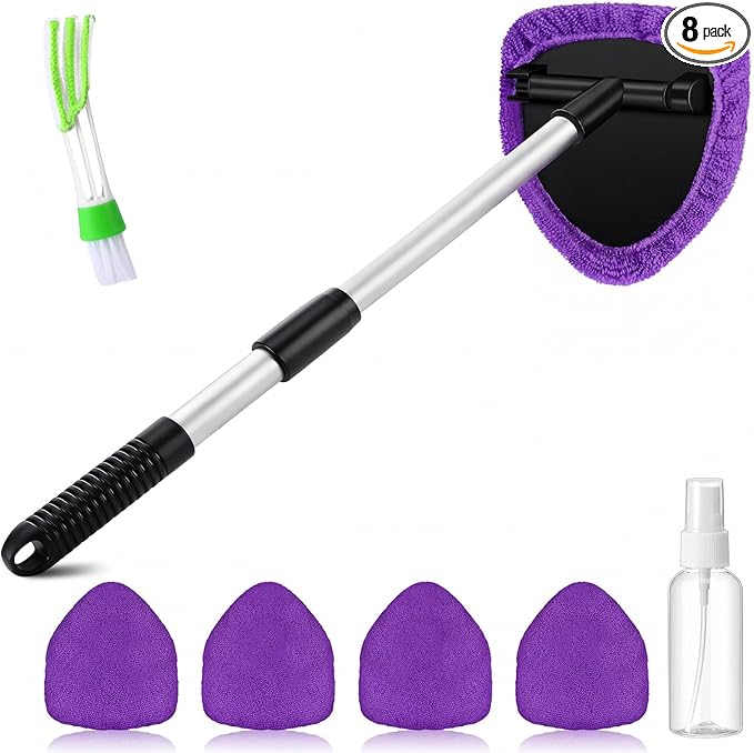 FoldTier 8 Pcs Car Windshield Cleaner Kits with Extendable Handle, 5 Microfiber Towel Pads, 1 Brush, 1 Empty Spray Bottle for Auto Glass Wiper Suvs Rvs & Home Windows(Purple)