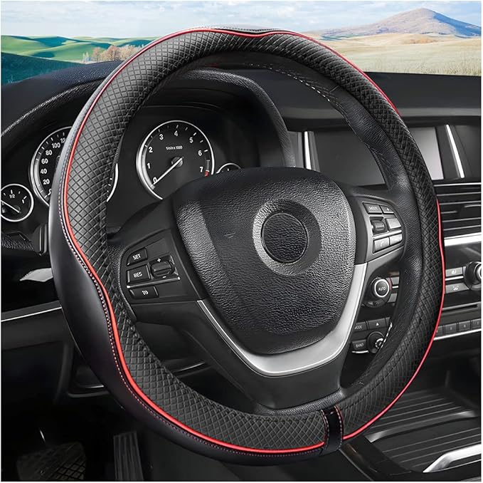 Leather Steering Wheel Cover, Soft Breathable Anti Slip, Universal Fit 15 Inch Car, Truck, SUV (Black/Red Line)
