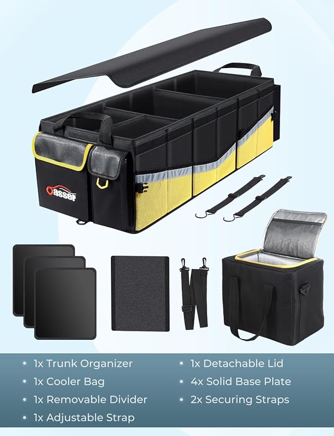 Oasser Trunk Organizer with Cooler Bag 95L, Bearing 110lb No Deformation, Collapsible with Multi Compartments, 20L Removable Insulated Bag, Foldable Lid, Non Slip Bottom, 2 Straps (Black&Yellow)