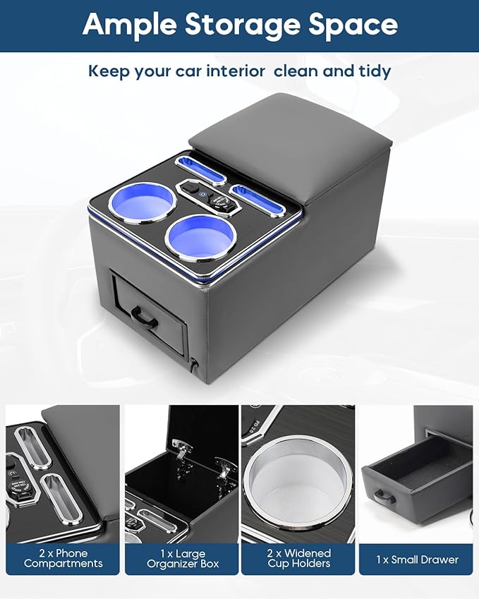 Center Console Organizer, Rear Bench Seat Armrest Organizer with Fast Phone Charging & Cup Holders