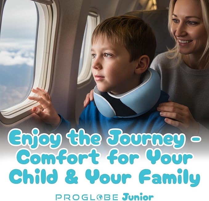 Proglobe Junior Kids Travel Neck Pillow - Ergonomic Memory Foam Pillow for Airplane, Car, Booster Seat - Soft, Washable, Compact Travel Pillow with Strap - Light Blue - Ages 4 Years and Up