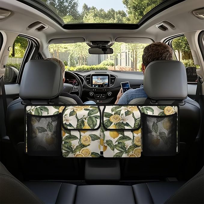 Retro Lemon Trunk Organizer for SUV Back Seat Car Hanging Cargo Storage Bag 4 Pockets Car Accessories for Women Interior