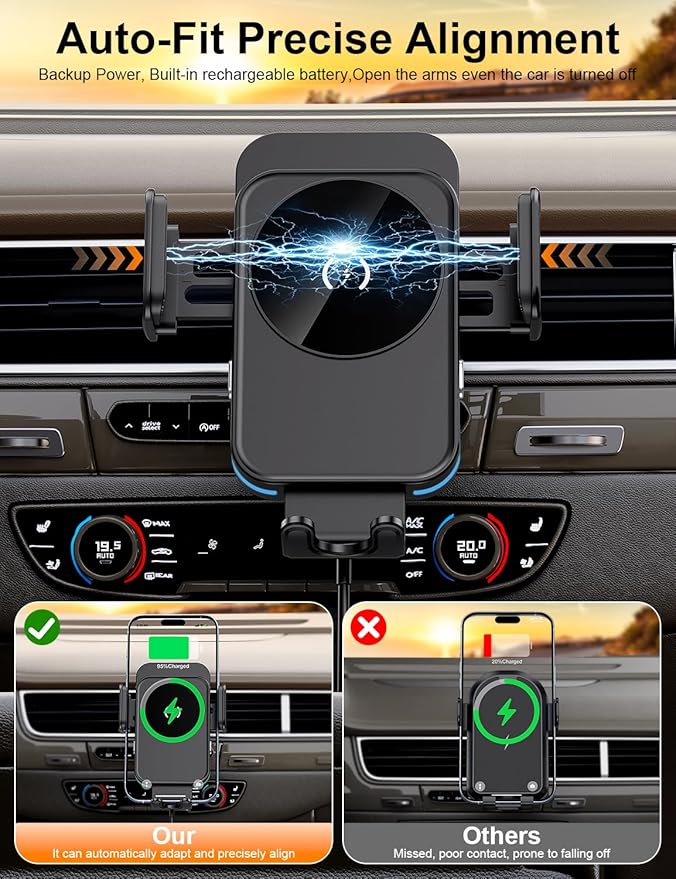 bokilino Wireless Car Charger, 15W Fast Charging [Auto Clamping] [Auto Alignment] Phone Holders for Your Car Dashboard Windshield Air Vent Car Accessories for iPhone 17 16 15 14 13 12 Series, Black
